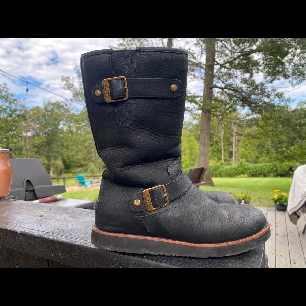 UGG Boots Black Leather Moto Buckle - Womens 8